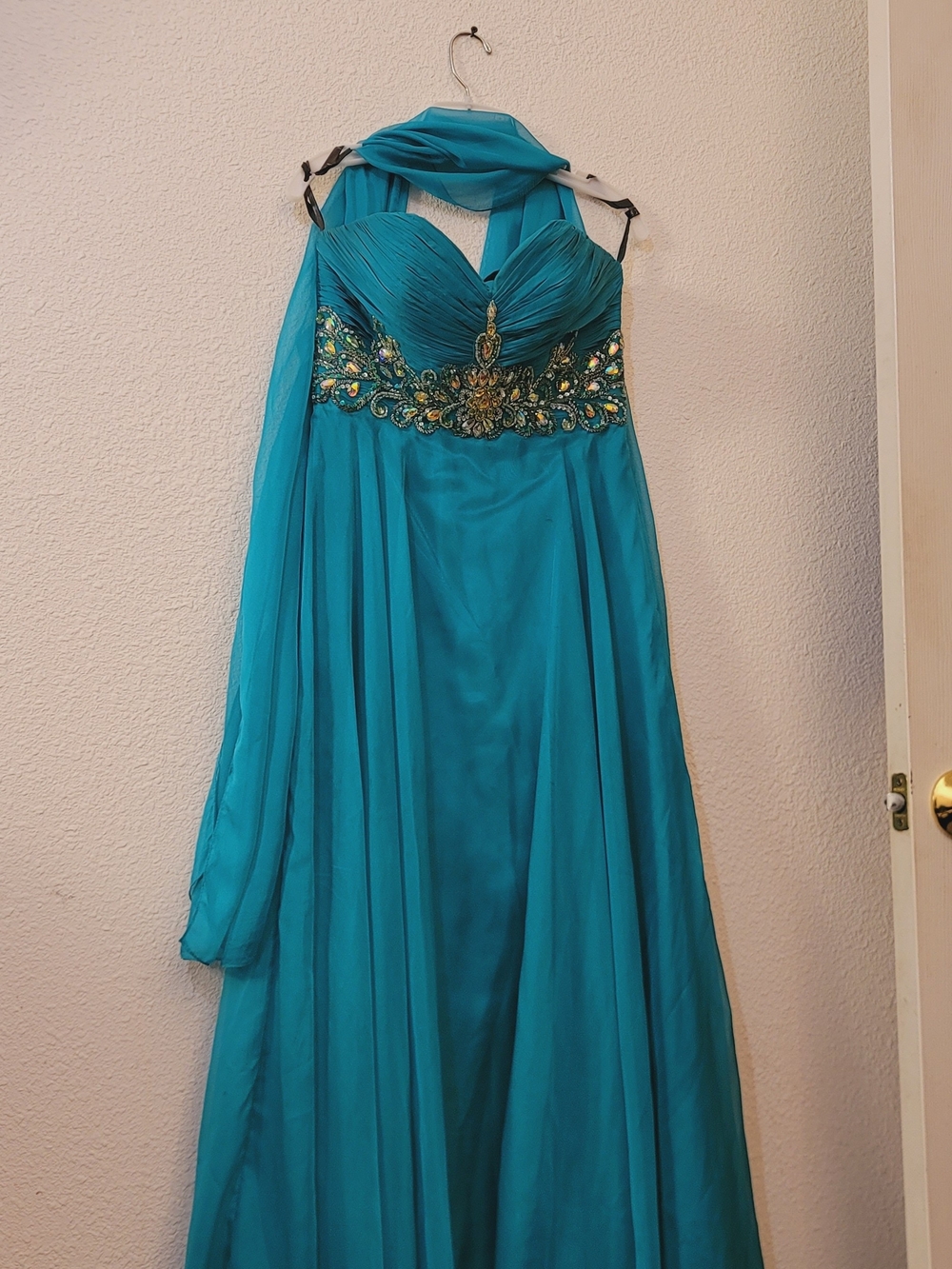 Fiesta Teal Strapless Prom Gown with Jeweled Waist